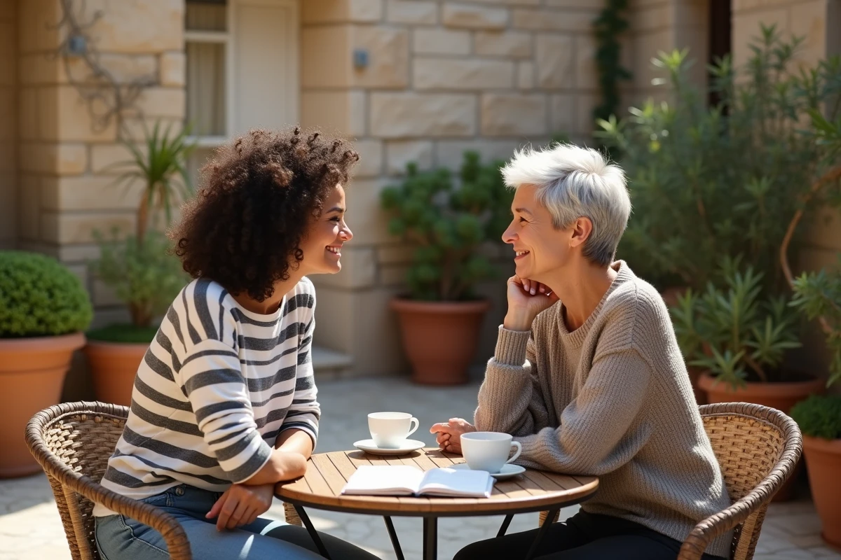 Marie-Philippe Gougler et sa compagne partageant un moment complice en terrasse autour d'un café