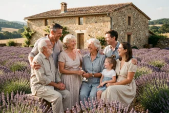 Famille multigénérationnelle souriante dans un paysage provençal avec champ de lavande et mas en pierre