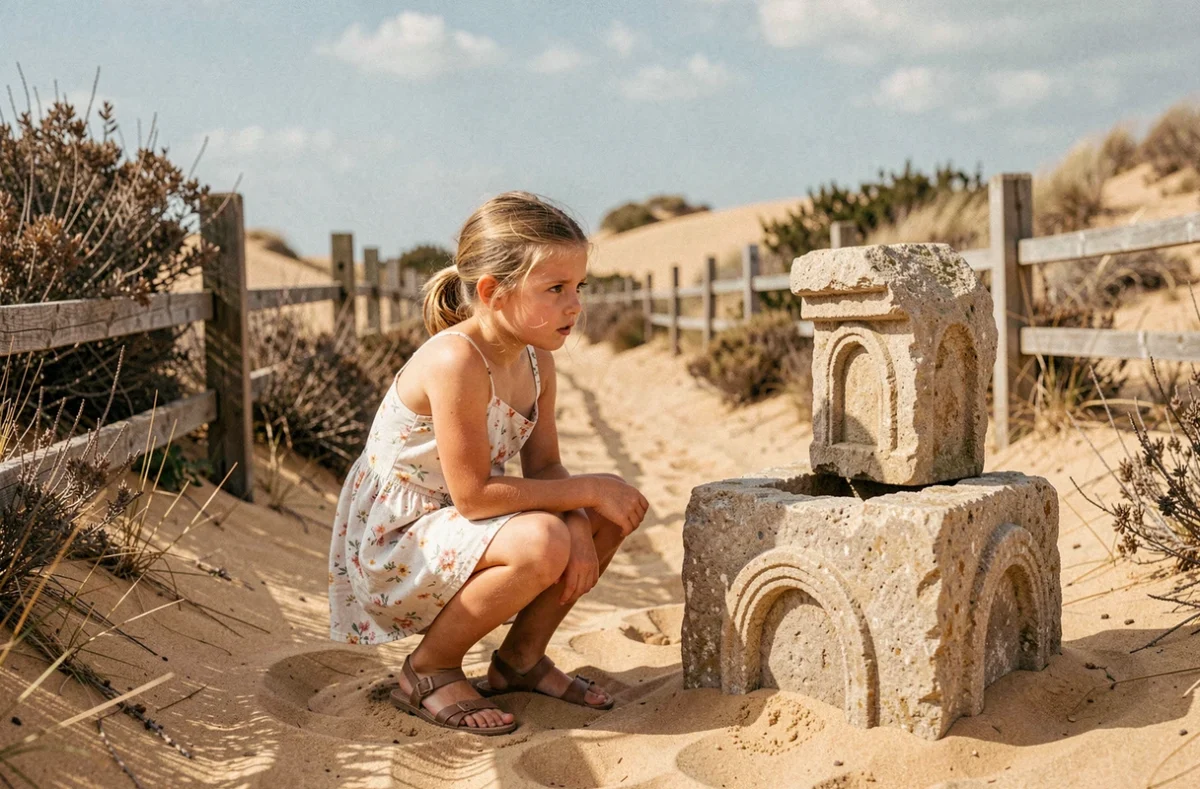 Une fillette explorant les décors de sable et ruines du parc La Mer de Sable à Ermenonville
