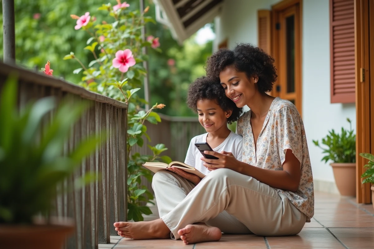 Mère consultant un agenda partagé sur smartphone avec sa fille pendant les vacances scolaires à La Réunion, sur une terrasse créole