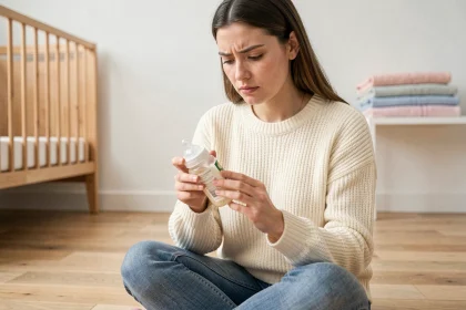 Jeune mère examinant avec attention un produit de soin pour bébé Yamonbebe dans une chambre de bébé moderne et minimaliste