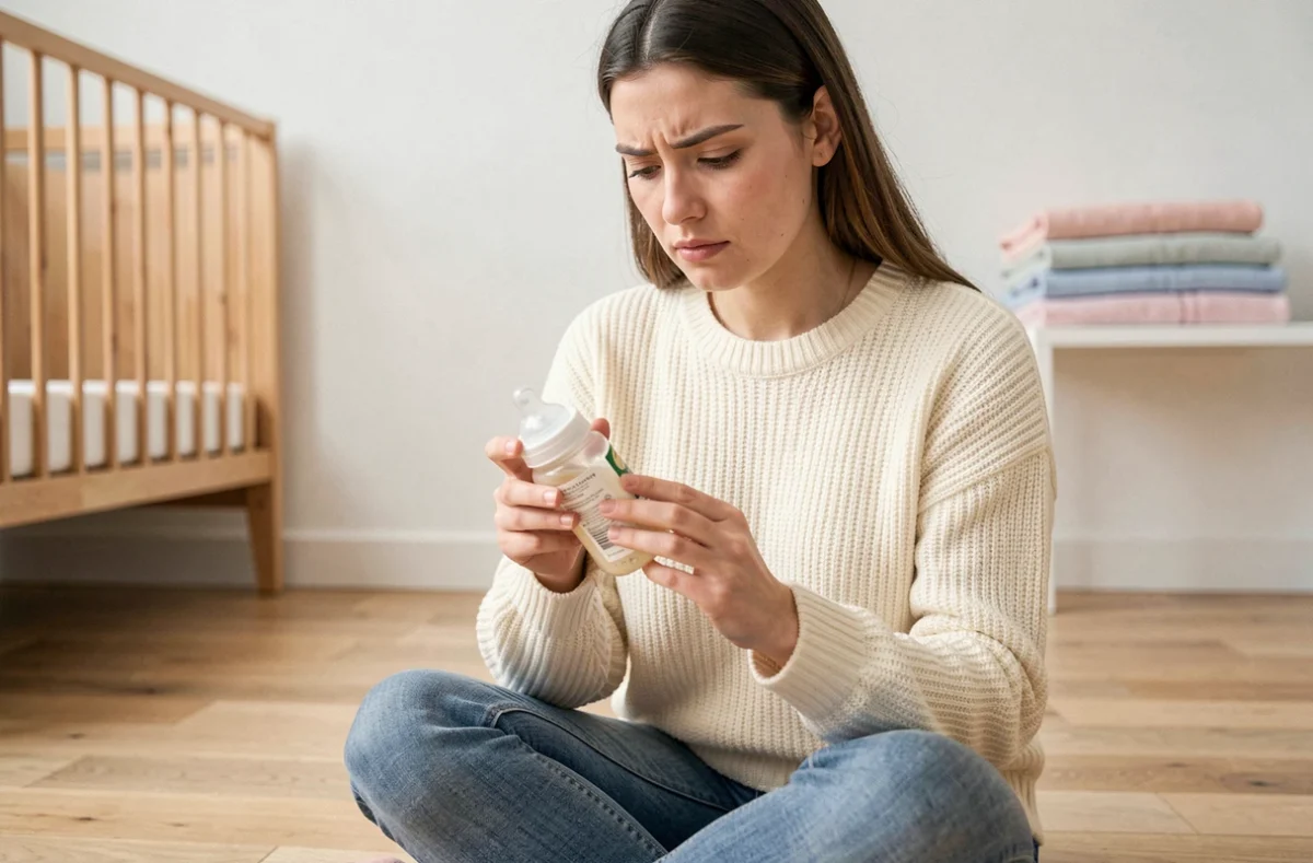 Jeune mère examinant avec attention un produit de soin pour bébé Yamonbebe dans une chambre de bébé moderne et minimaliste