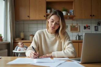 Mère en congé parental rédigeant une lettre de renouvellement à la table de sa cuisine familiale
