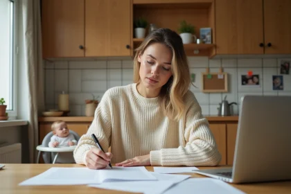 Mère en congé parental rédigeant une lettre de renouvellement à la table de sa cuisine familiale