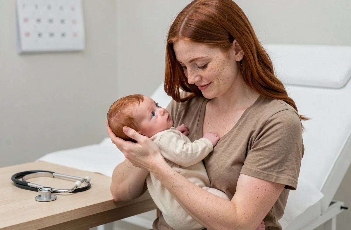 Mère rousse tenant son nouveau-né roux lors d'une consultation pédiatrique, suivi santé phototype clair