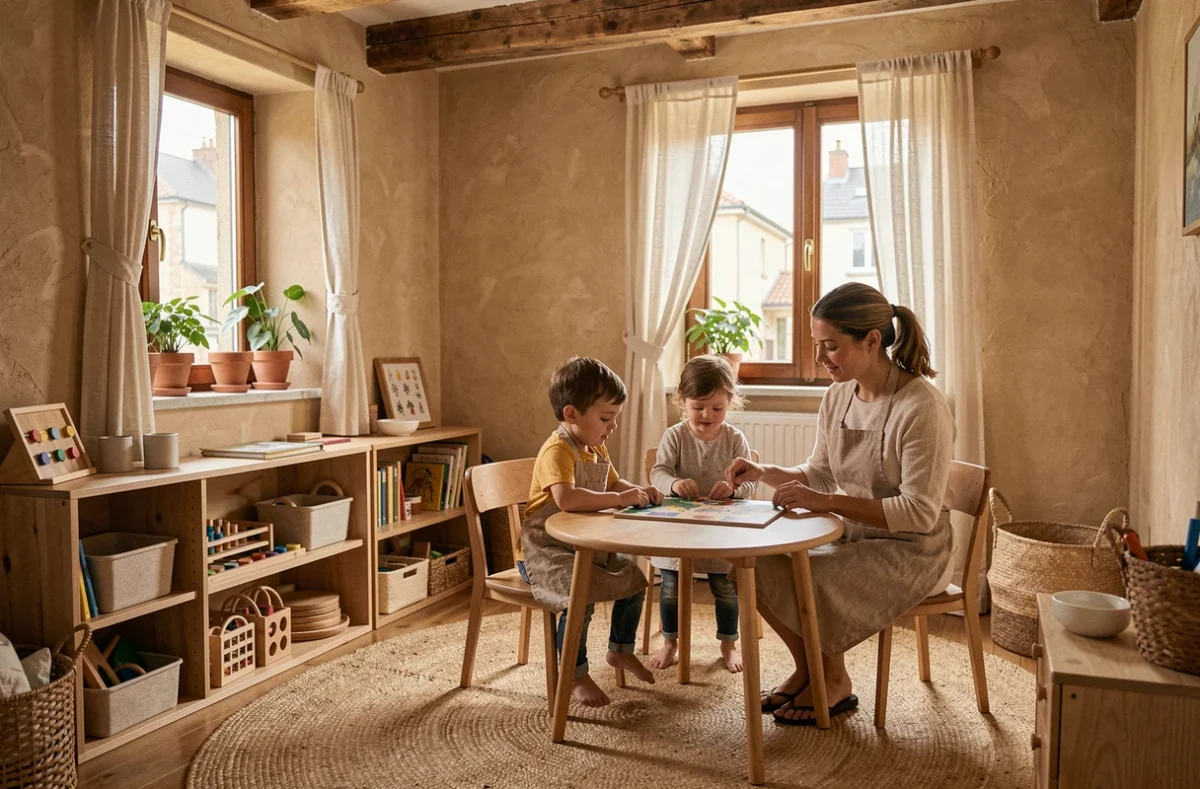 Espace Montessori chaleureux d'une micro-crèche privée à Mondeville avec une éducatrice et des enfants