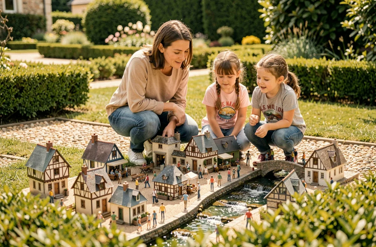 Femme et fillette admirant les maisons miniatures normandes au Monde Miniature de Clécy