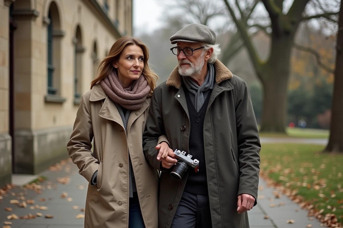 Natacha Gainsbourg marche avec son père dans un parc en automne