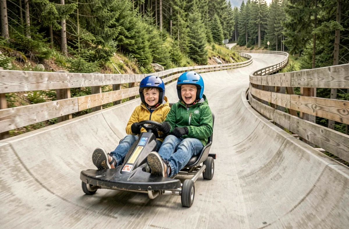 Deux enfants en luge descendant une piste à Normandie Luge