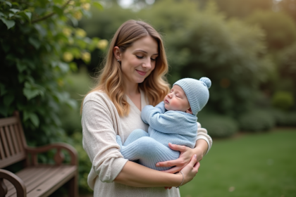 Nourrisson dans les bras de sa mère dans un jardin printanier