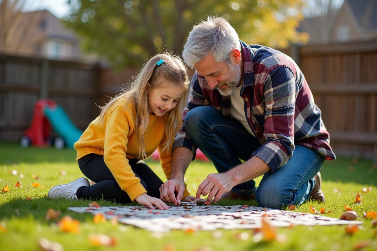 Papa aide sa fille à faire un puzzle dans le jardin ensoleille