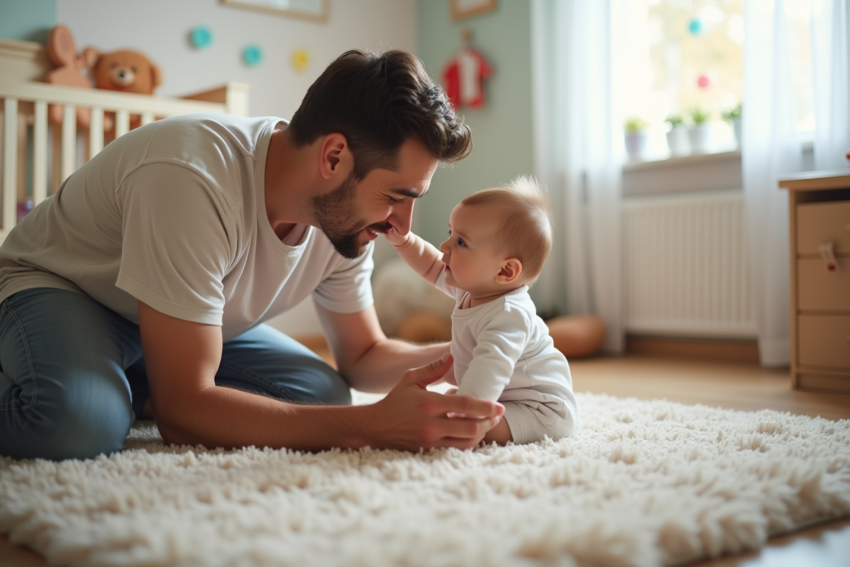 Papa réconfortant sa fille dans une nurserie pastel