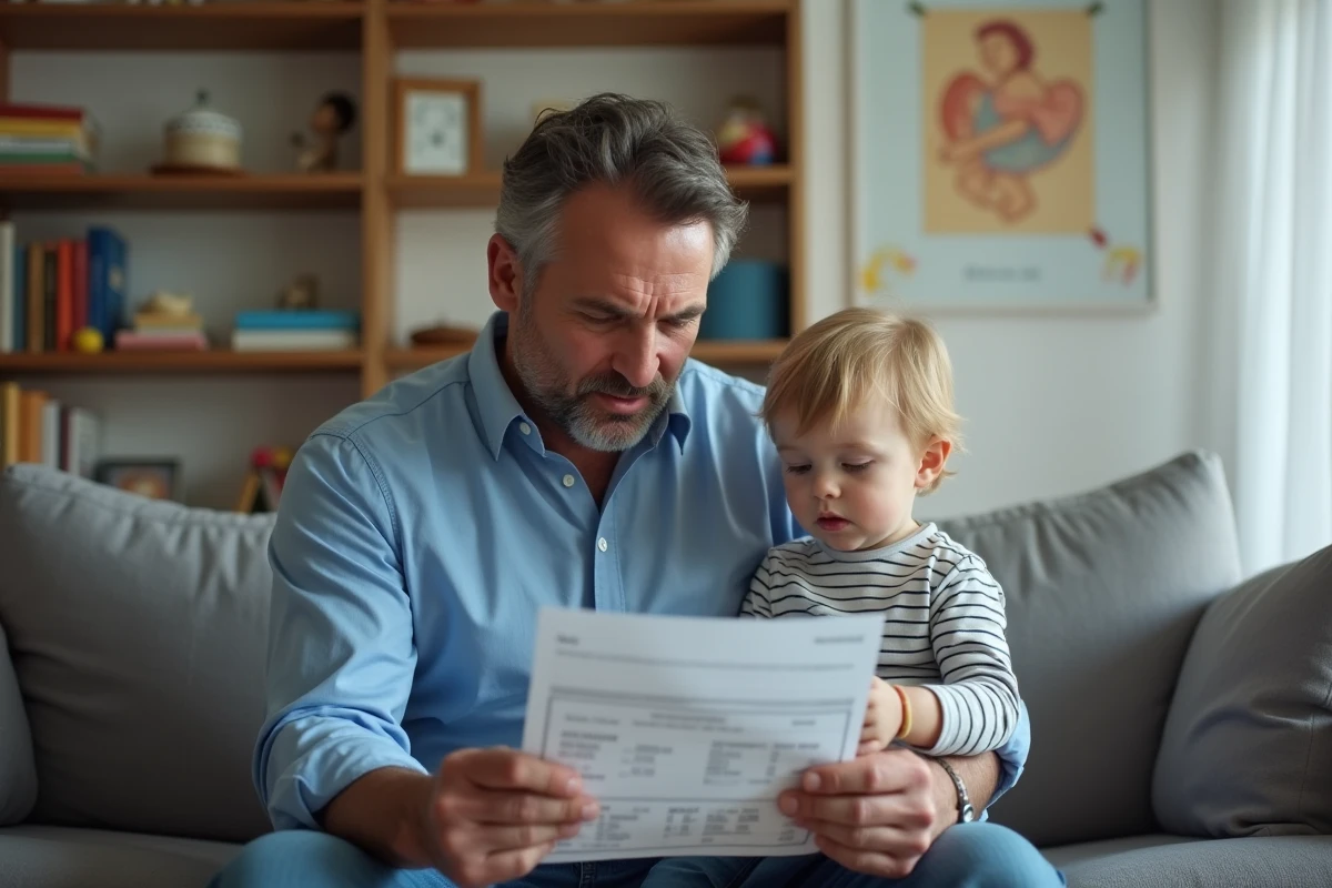Pere et enfant regardant une facture de baby-sitting