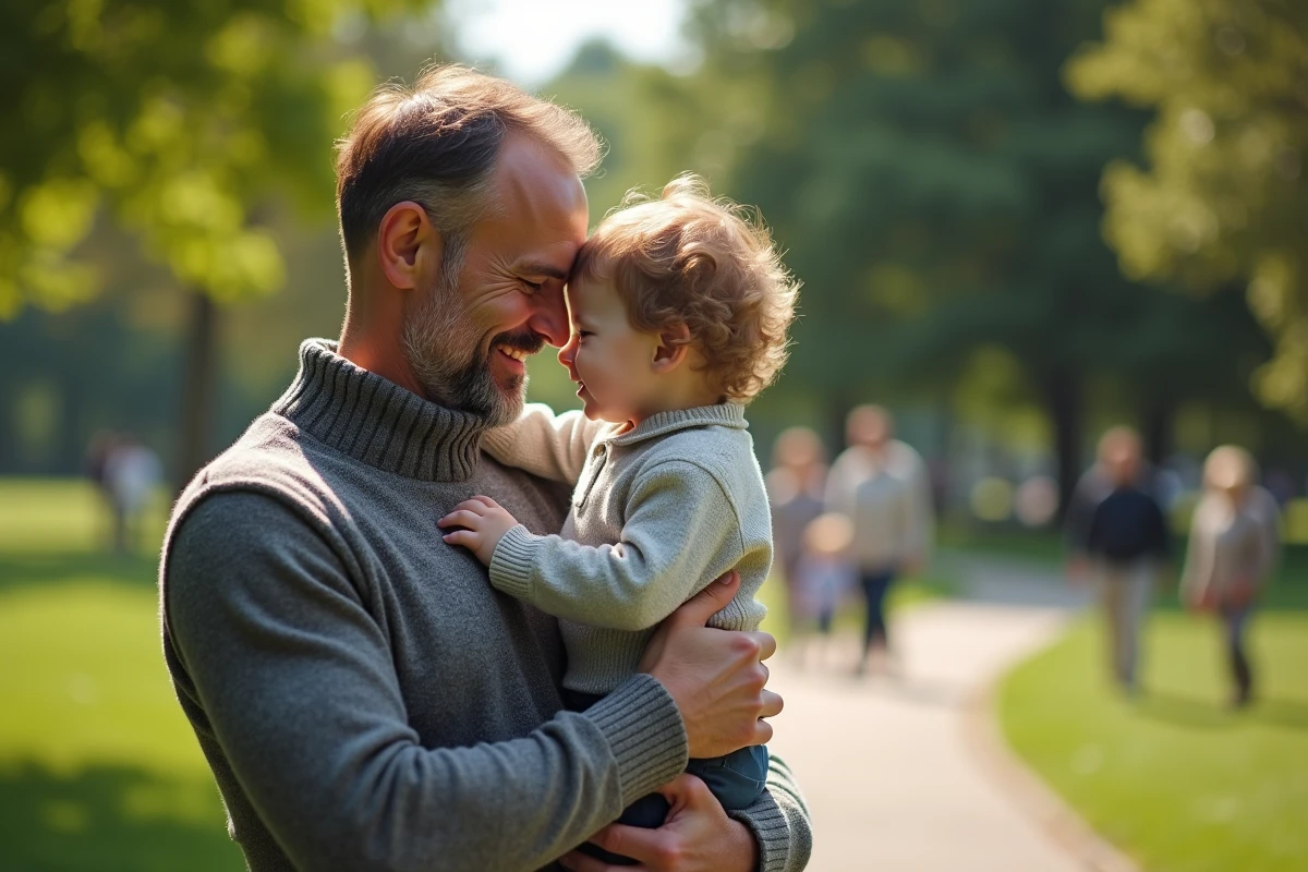 Père tenant son enfant dans un parc verdoyant