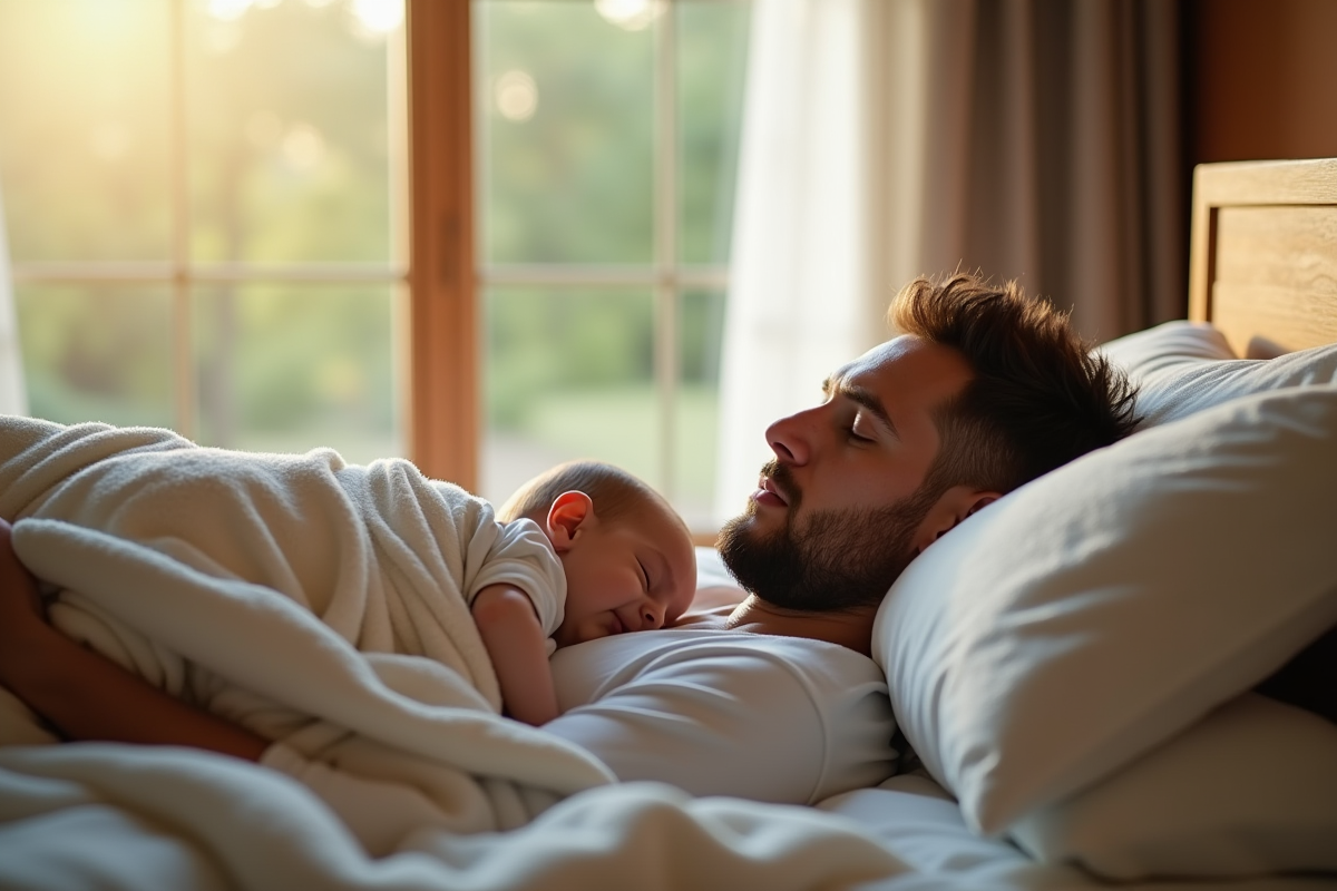 Pere dormant paisiblement avec son bebe sur la poitrine dans une chambre chaleureuse