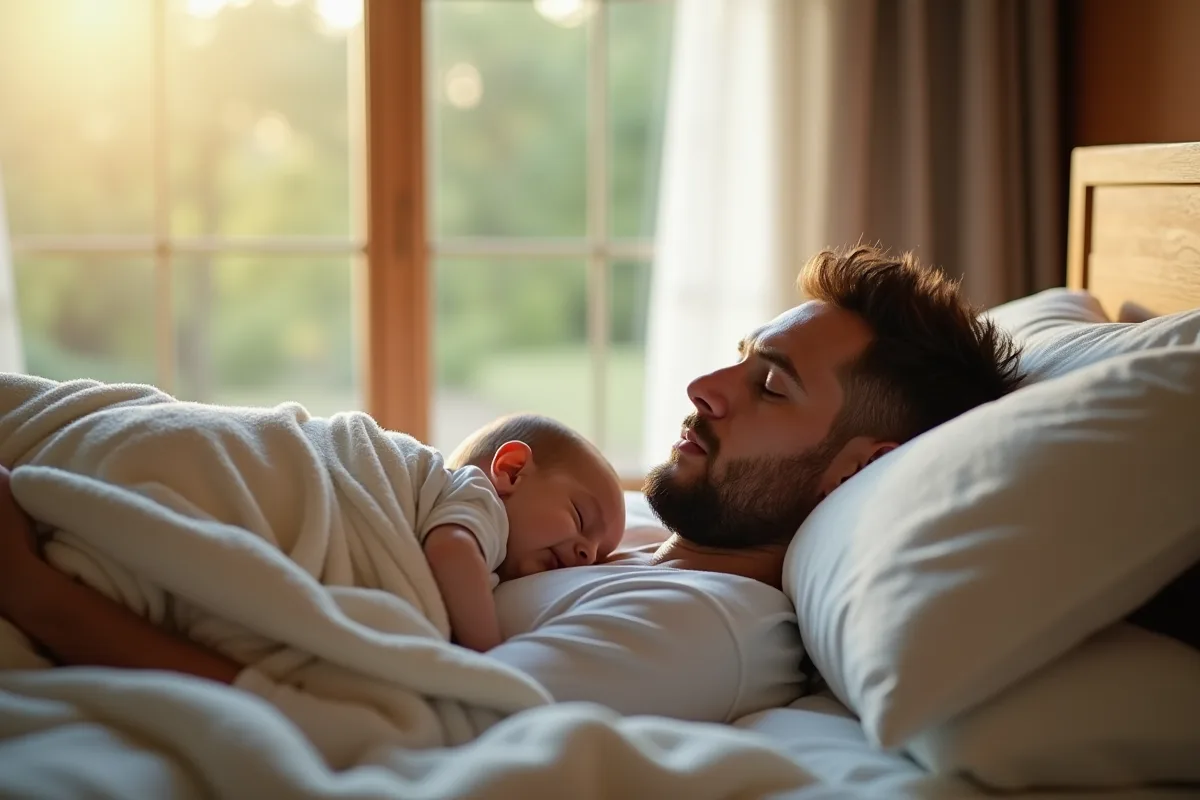 Pere dormant paisiblement avec son bebe sur la poitrine dans une chambre chaleureuse