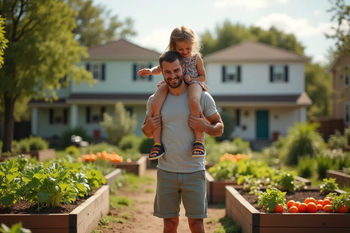 Père souriant portant sa fille dans un jardin communautaire