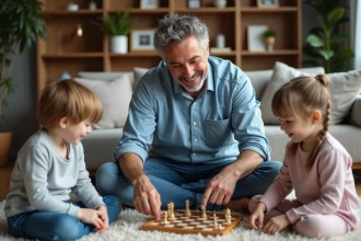 Père et enfants jouant à un jeu dans le salon familial