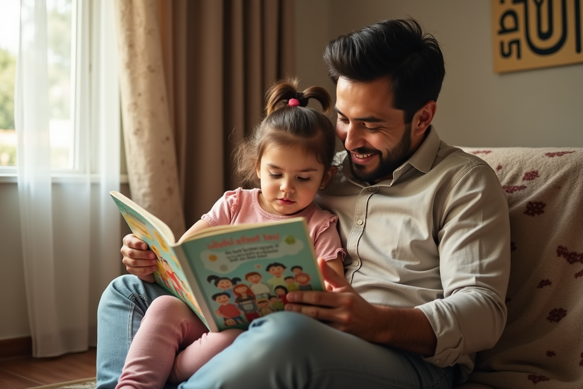 Père et fille regardant un livre dans une pièce lumineuse