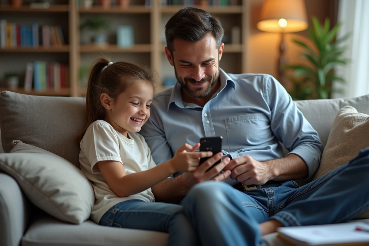 Père et fille riant avec un calendrier numérique sur smartphone
