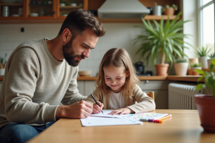 P&egrave;re et fille dessinant &agrave; la cuisine chaleureuse