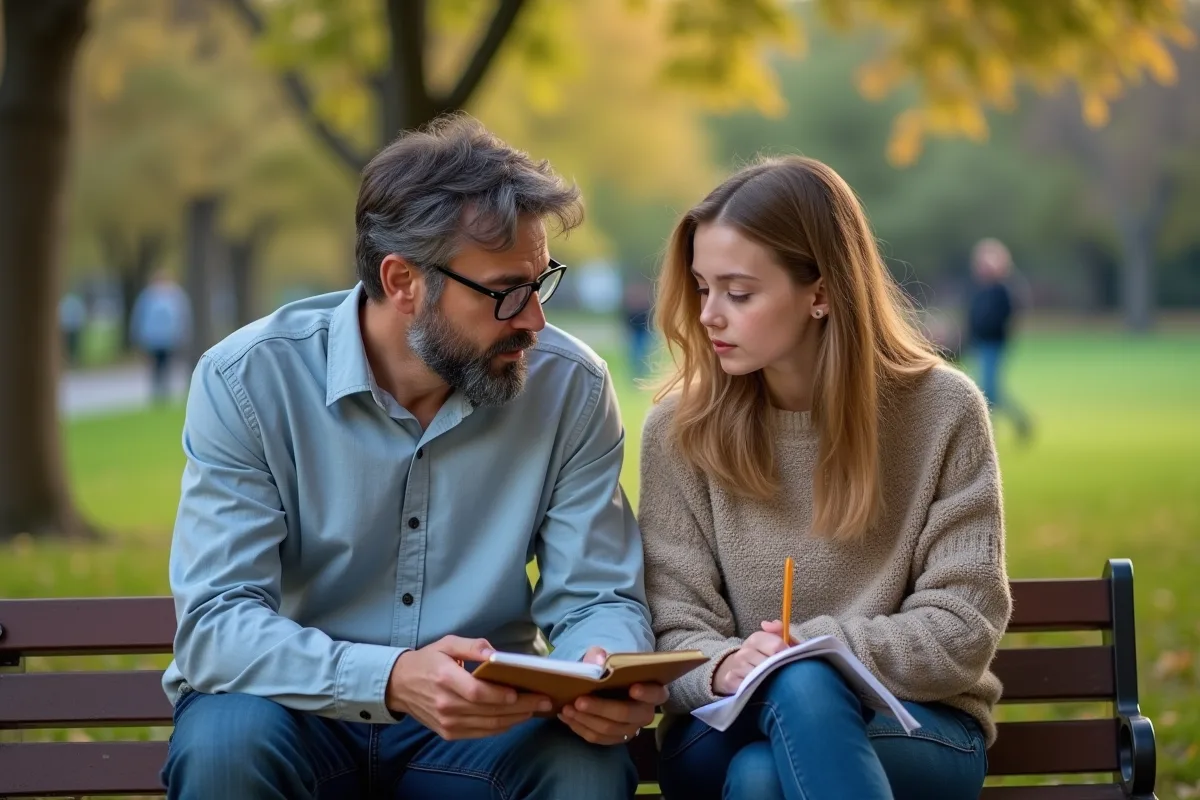 Père et fille discutent sur un banc dans un parc