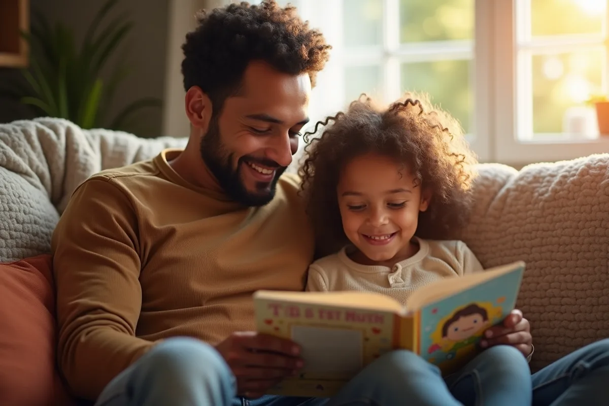 Père et fille lisant un livre dans le salon en famille