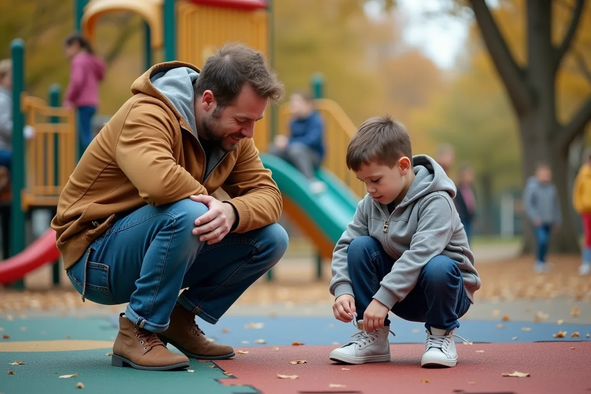 Papa attache la chaussure de son fils au parc en automne