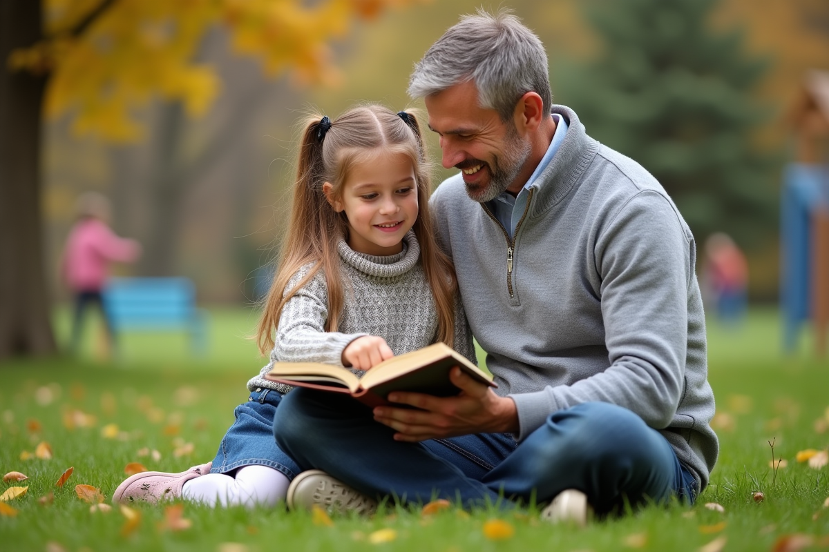 Père et fille lisant dans un parc en automne