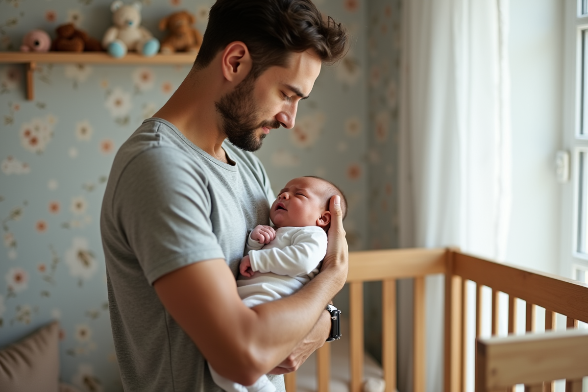 Pere tenant un nouveau-ne dans une nurserie douce et lumineuse