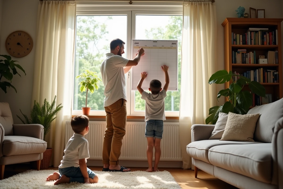 Papa marque des dates sur un planificateur en famille