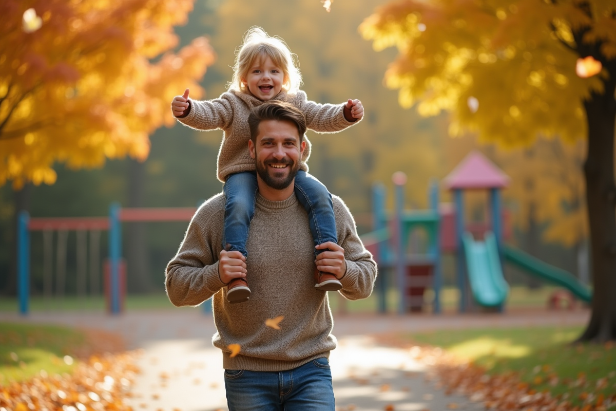 Papa et enfant dans un parc automnal en famille