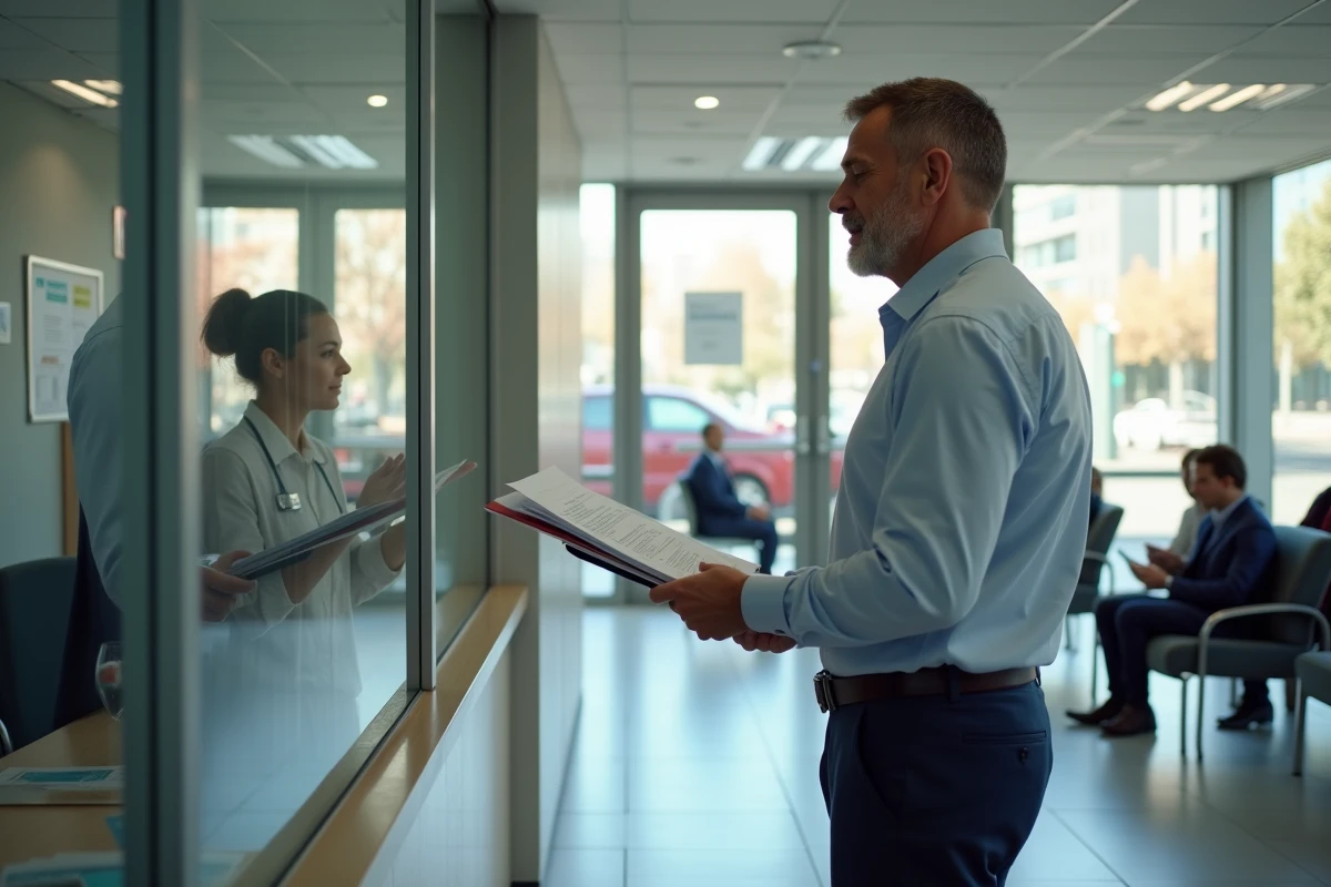 P&egrave;re remet des papiers &agrave; un agent dans un bureau social