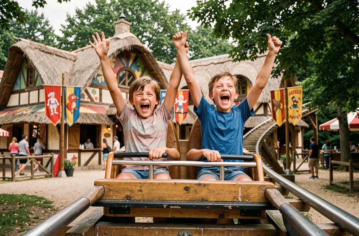 Deux enfants enthousiastes sur un grand huit en bois au Parc Astérix à Plailly