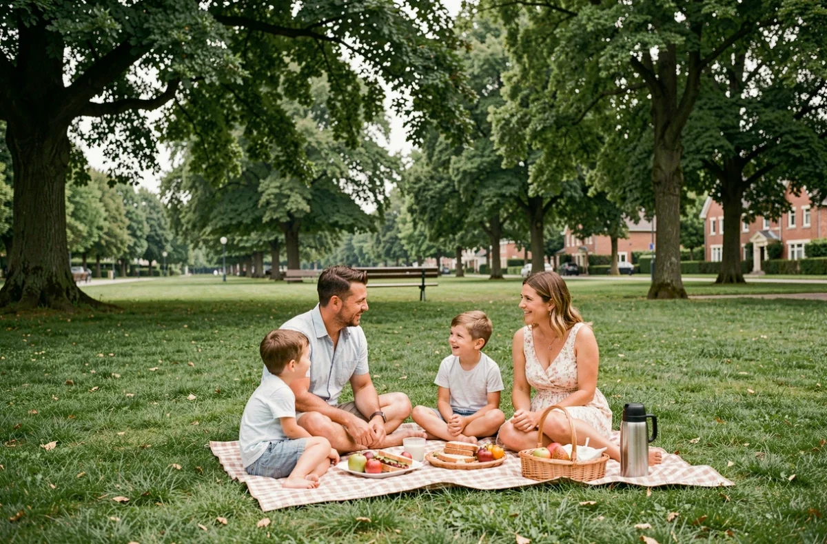 Une famille en pique-nique sur la pelouse verdoyante du Parc Chédeville dans l'Oise