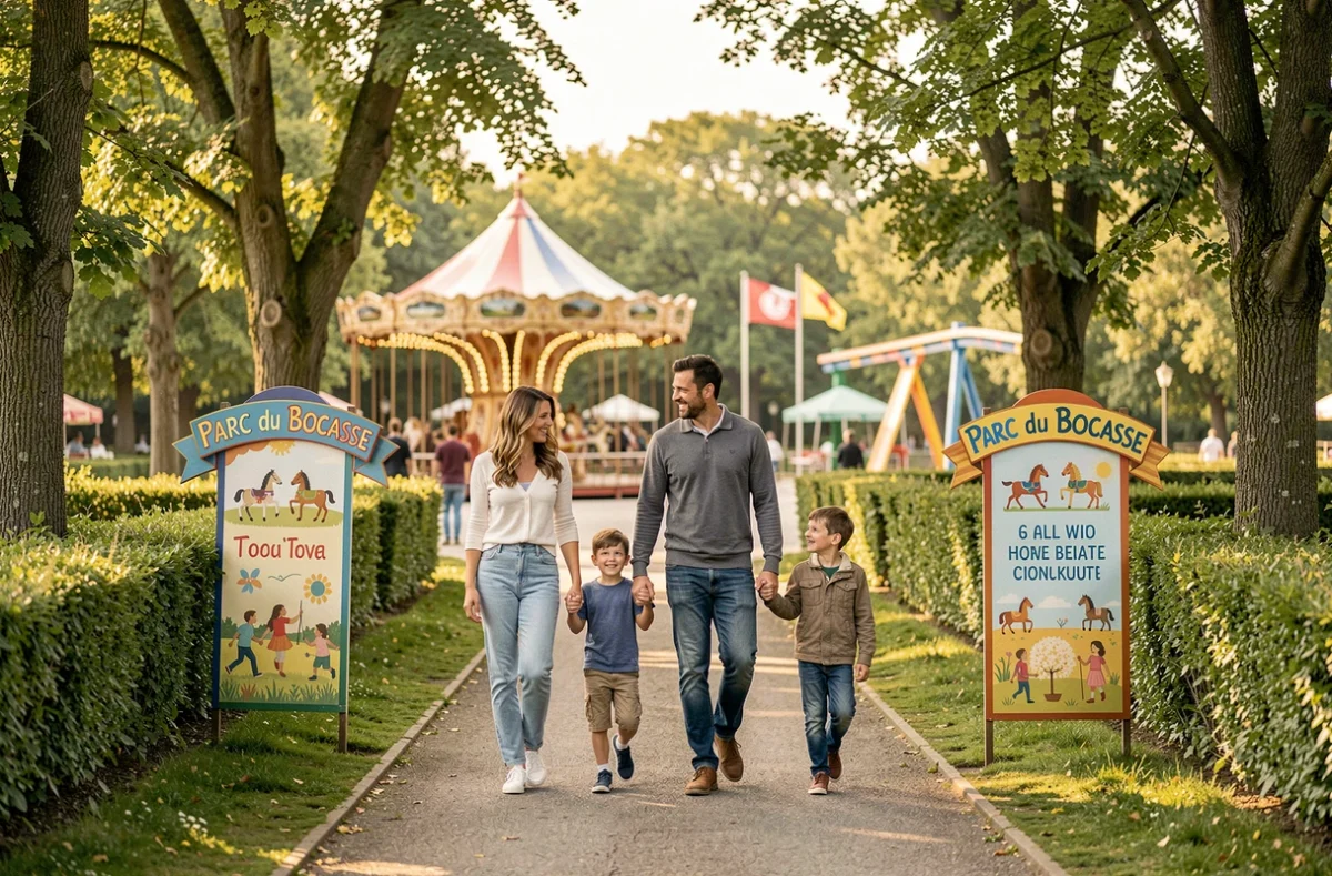 Famille entrant au Parc du Bocasse entouré de haies et d'arbres normands