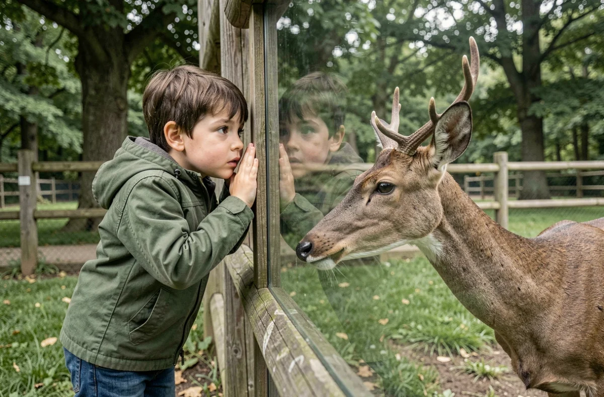 Un jeune garçon émerveillé observant un cerf de près au Parc Saint-Léger près de Beauvais