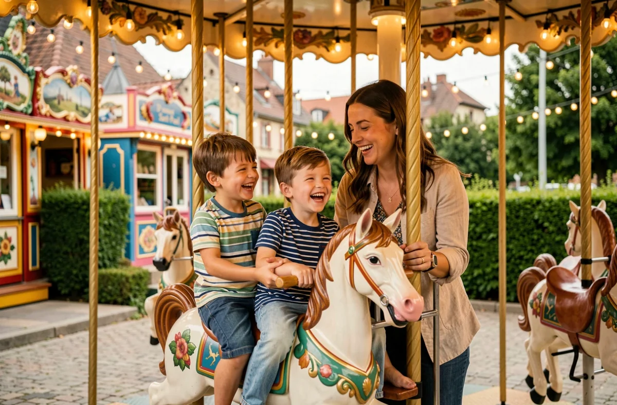 Une mère et ses deux enfants riant sur un manège de chevaux au Parc Saint-Paul