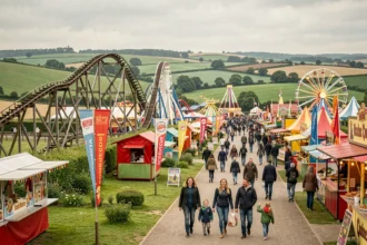 Vue panoramique d'un parc de loisirs familial en Normandie avec des manèges colorés et des familles se promenant