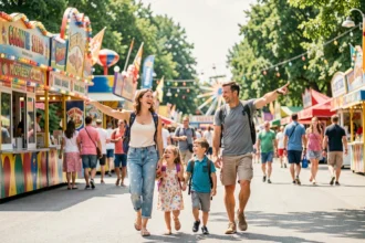 Une famille heureuse entrant dans un parc de loisirs coloré dans l'Oise en été