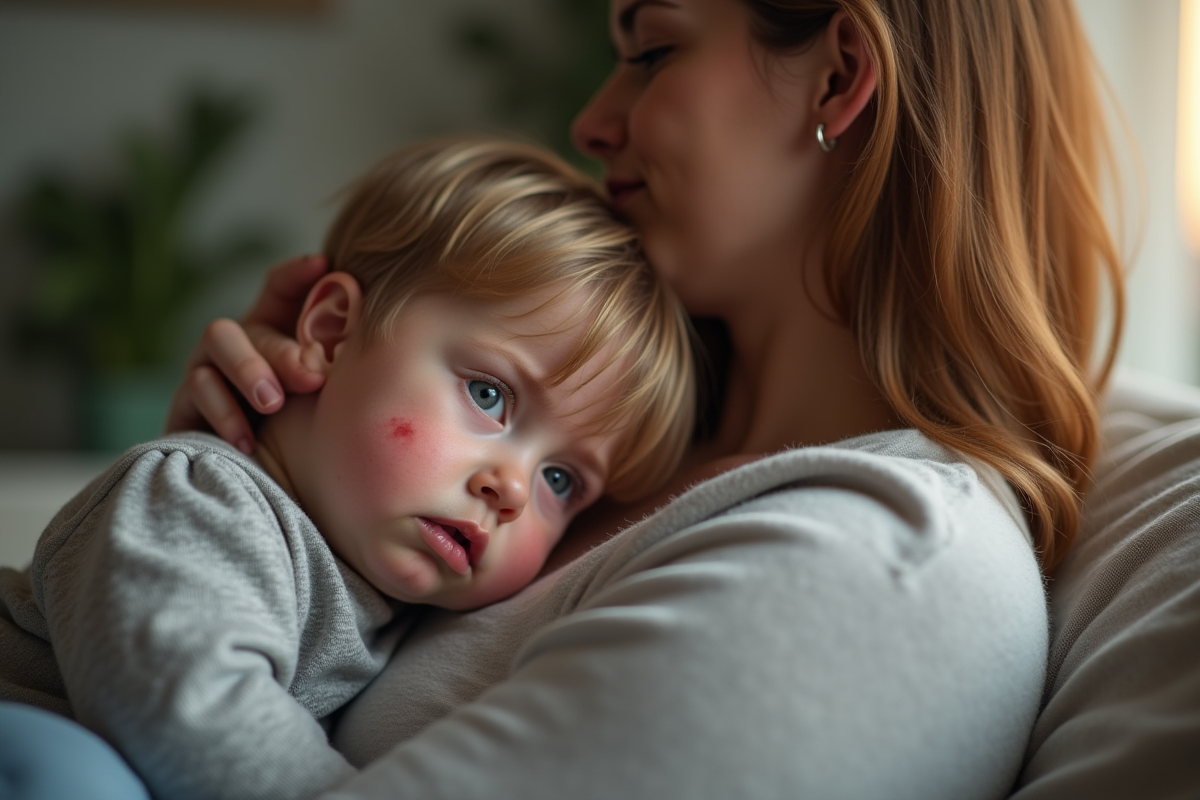 Parent consolant un enfant malade dans un salon lumineux