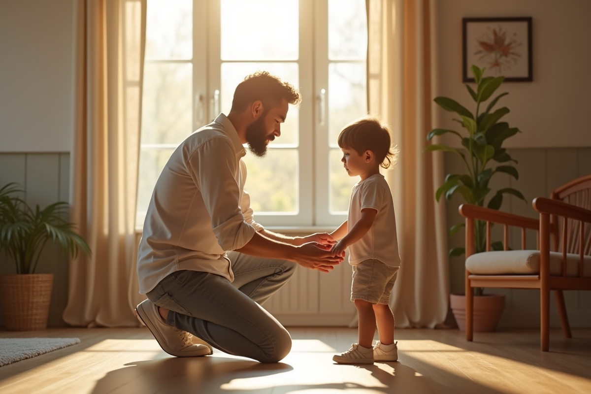 Parent et enfant en confiance dans un salon lumineux