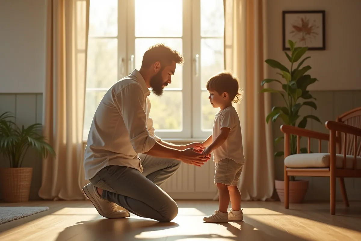 Parent et enfant en confiance dans un salon lumineux