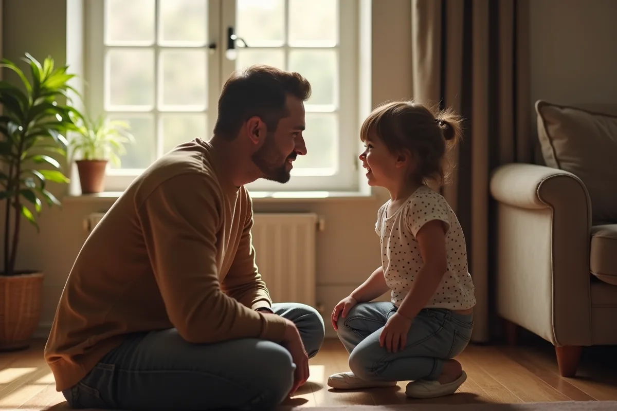 Parent parlant avec son enfant dans un salon chaleureux