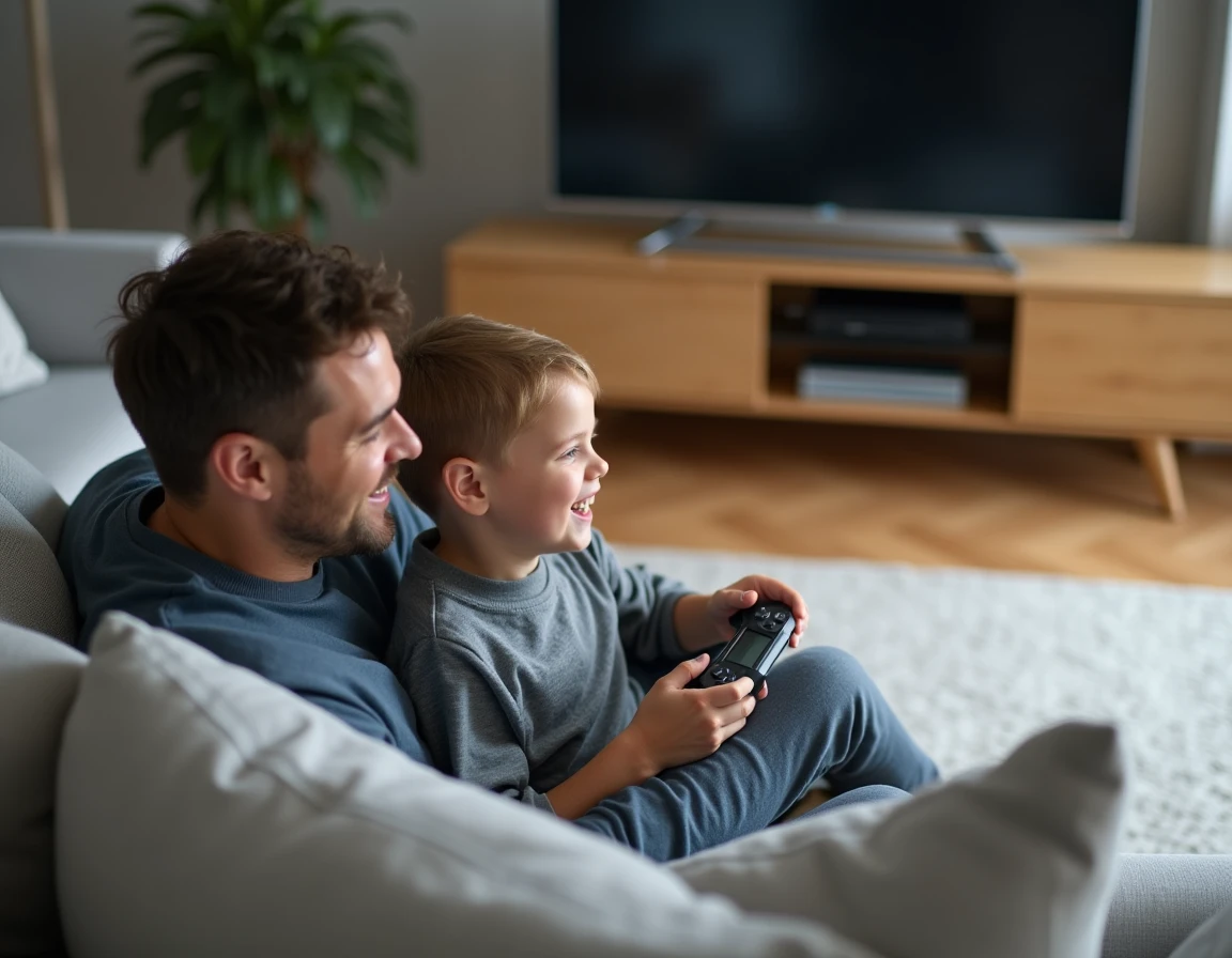 Parent et enfant jouant ensemble à la PS5 sur un canapé moderne dans un salon minimaliste
