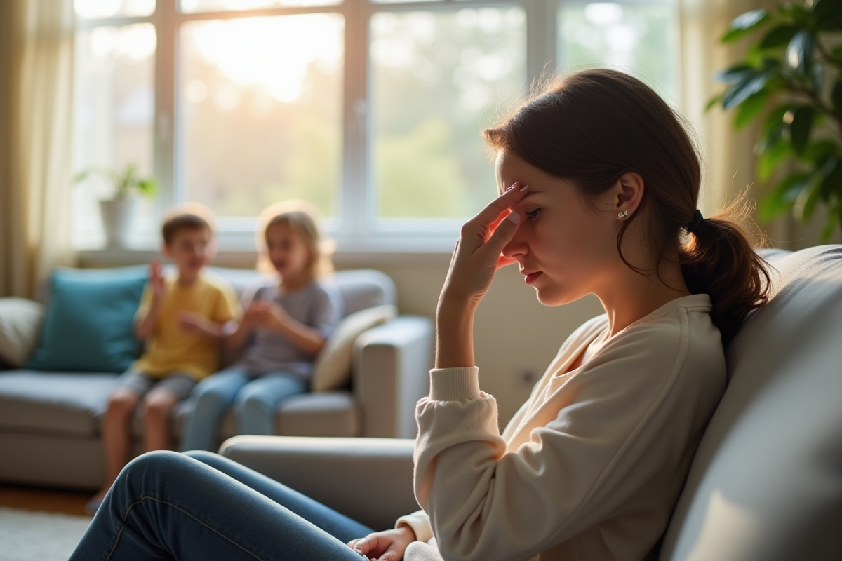 Parent fatigué sur le canapé avec enfants qui jouent