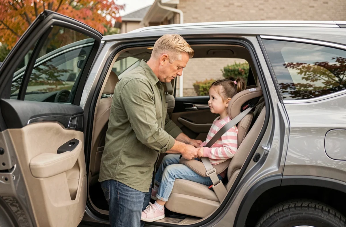 Père vérifiant l'installation d'un réhausseur auto et l'ajustement de la ceinture de sécurité pour sa fille devant leur maison