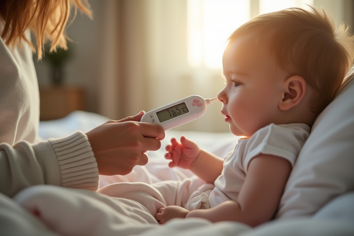 Parent prenant la température d'un bébé dans une chambre lumineuse