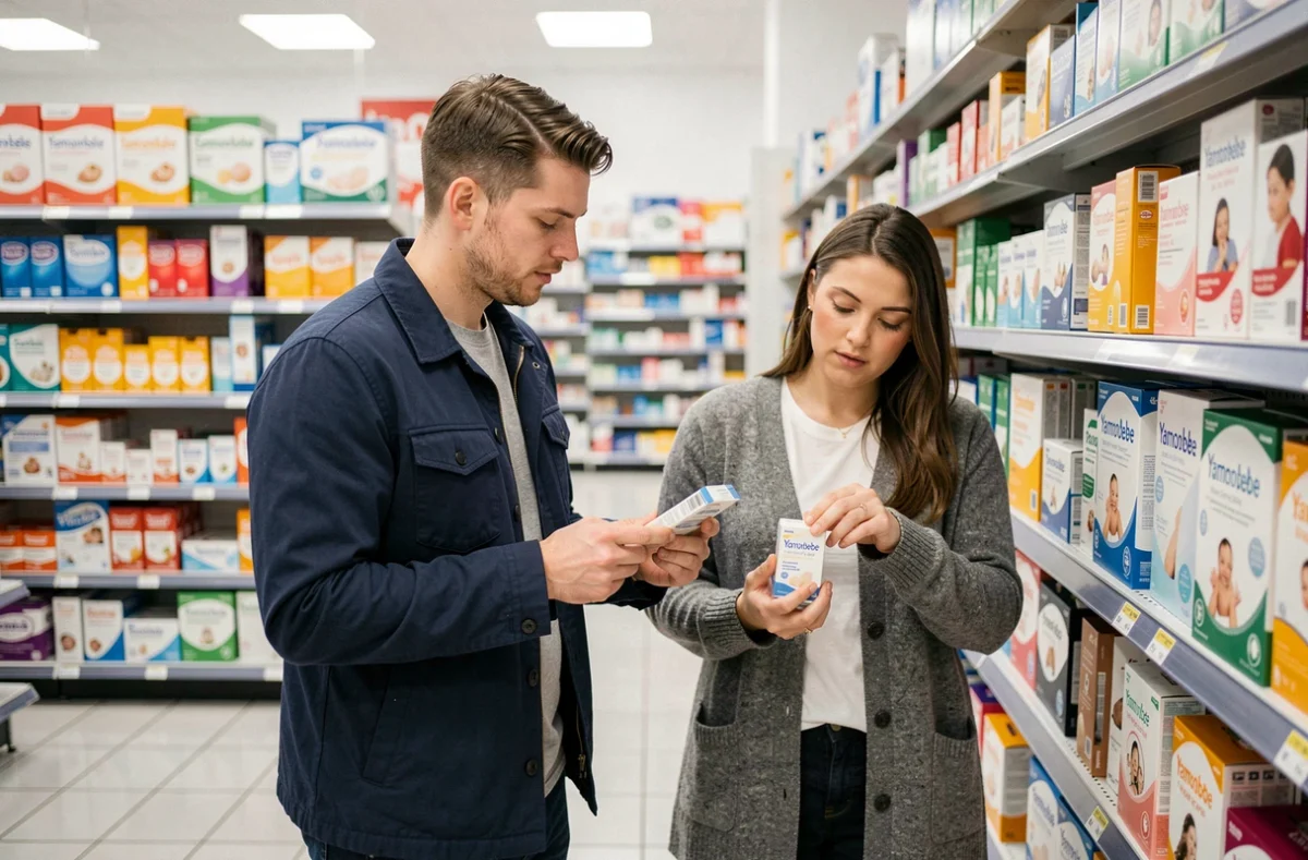 Deux parents comparant des produits de soin Yamonbebe pour bébé dans le rayon d'une pharmacie