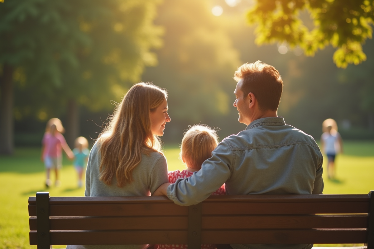 Parents discutant sur un banc dans un parc avec enfants jouant en arrière-plan